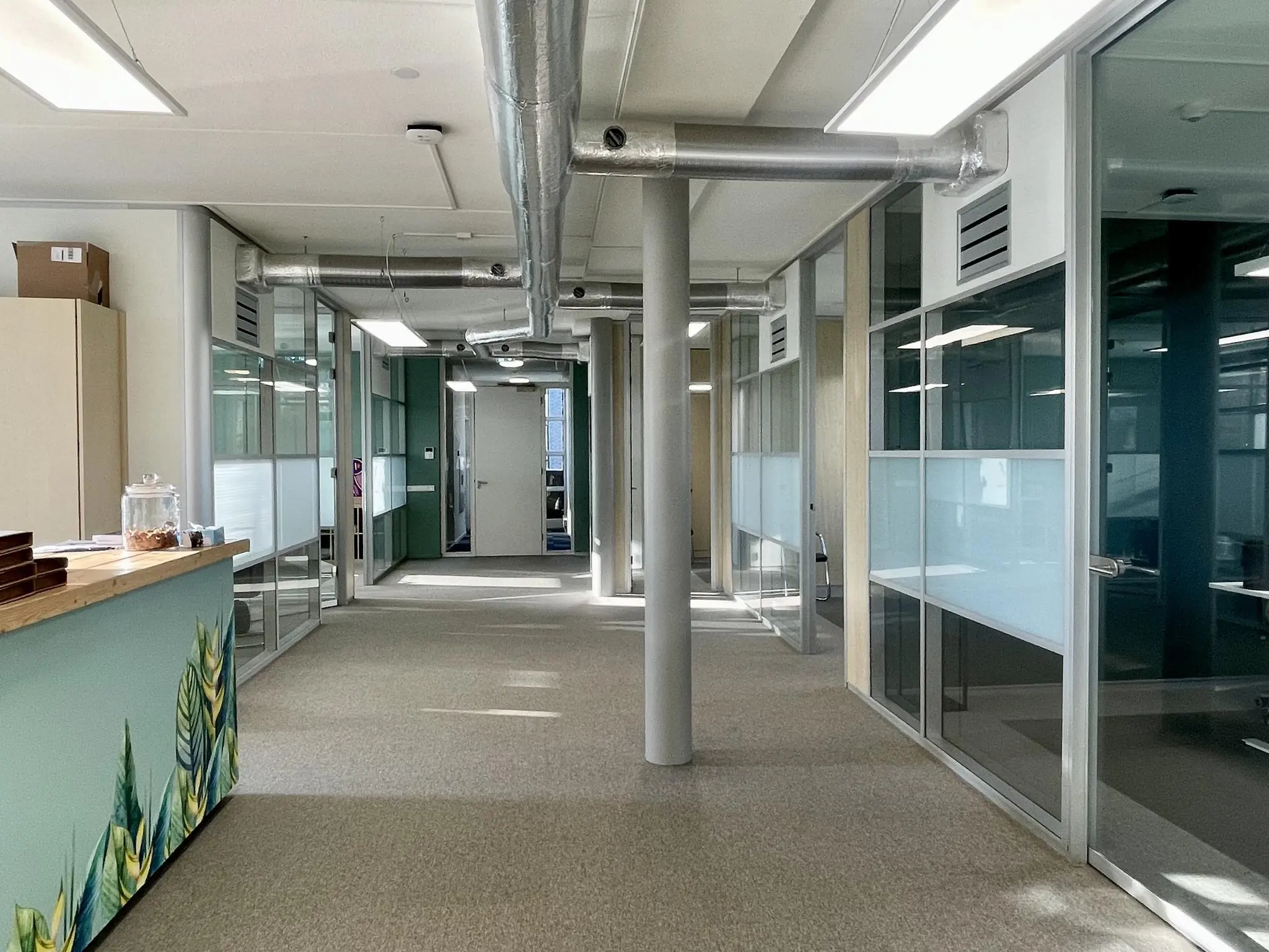 Modern kantoorinterieur aan de Jan Leentvaarlaan met glazen vergaderruimtes en een kleurrijke balie.